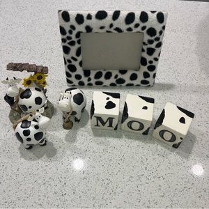 Cow decor lot, frame, figurines, cow ceramic blocks MOO farmhouse decor